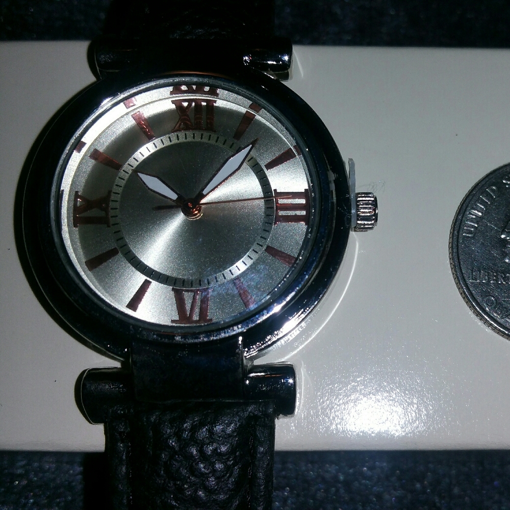 Circle Rose Gold Silver Black Leather Watch Band